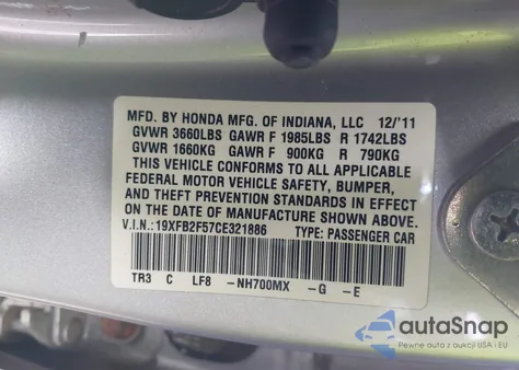 2012 Honda Civic Lx from USA, damaged, VIN 19XFB2F57CE321886
